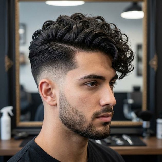 Low Taper Curly Side-Swept