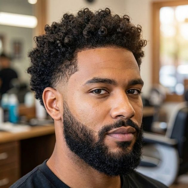 Curly Burst Fade with Beard