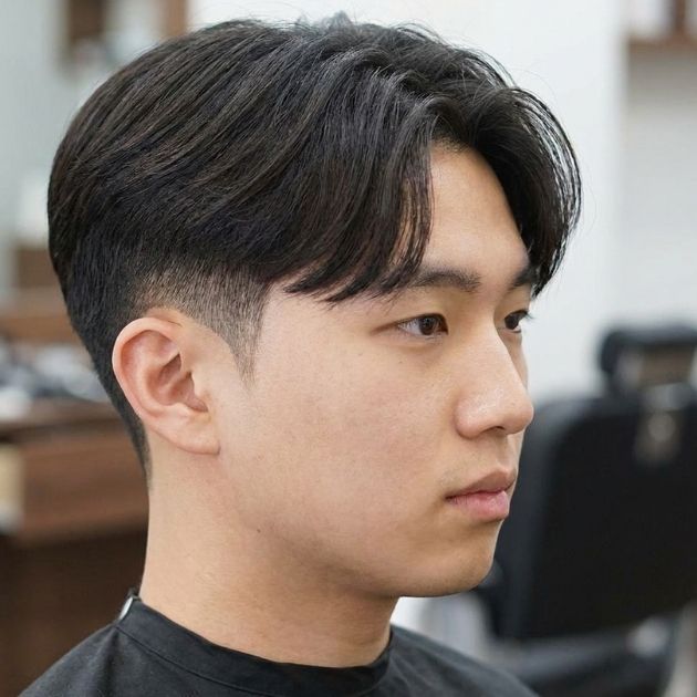 Low Taper Fade Asian Curtains Hairstyle
