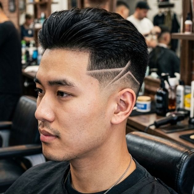 Low Taper Fade Asian Hair with Design