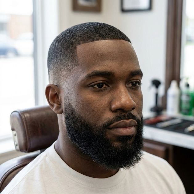 Low Taper Fade Black Haircut with Beard