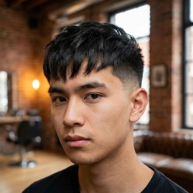 Low Taper Fade Messy Fringe Straight Hair