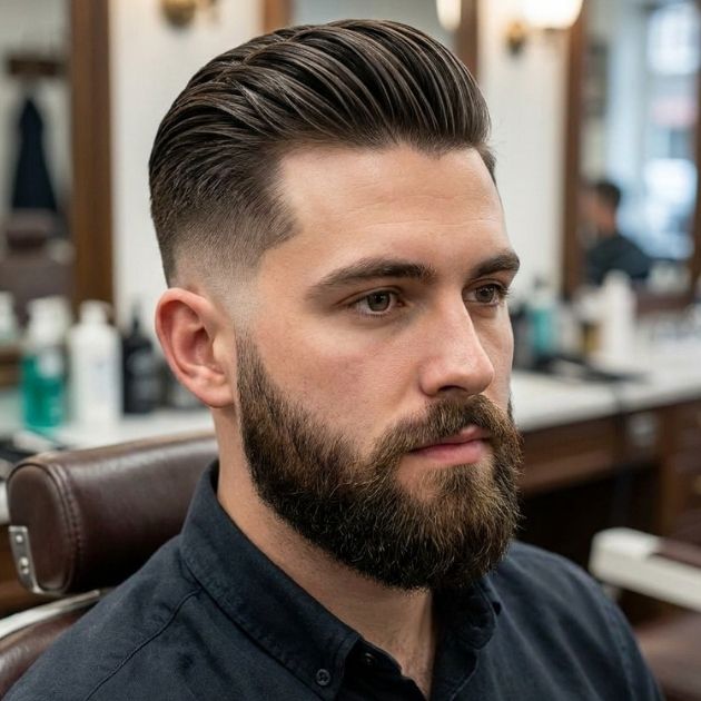 Low Taper Fade Slick Back with Beard