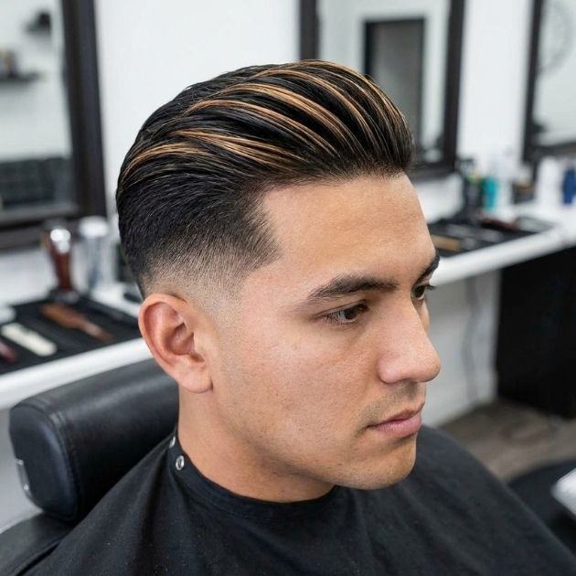 Low Taper Fade Slick Back with Highlights
