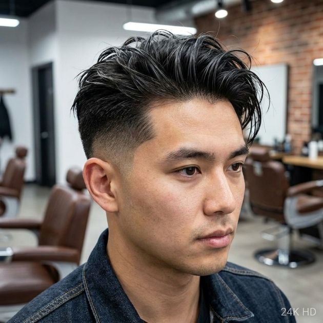 Low Taper Fade with Messy Slick Back